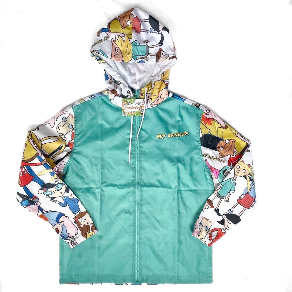 NICKELODEON Hey Arnold! Windbreaker Full Zip Jacket Sz L Full Print Back NWT